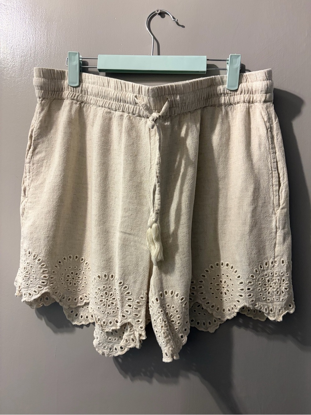 High-Waist Cream Eyelet-Trim Drawstring Women's Shorts